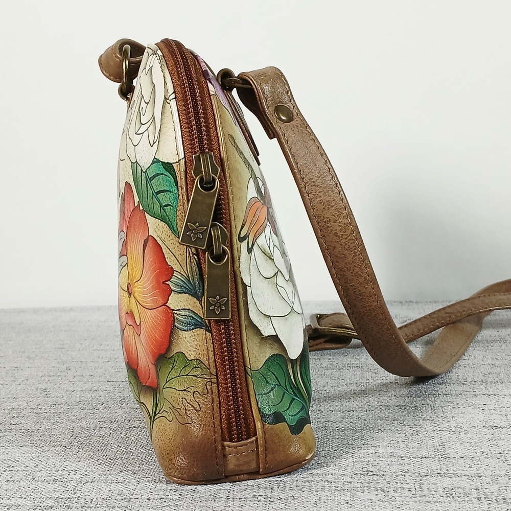 Anuschka Hand Painted Leather Floral Dragonfly Crossbody Bag Tan Small - Picture 14 of 15